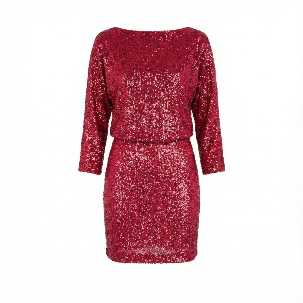 One33 Social Draped Sequin Dress Midi 3/4 Sleeve Pink Orange